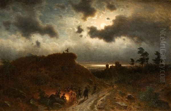 Nightly Landscape Oil Painting by Gottlieb August Bauer