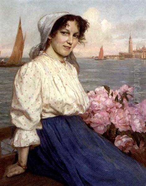 A Maiden On The Lagoon, Venice Oil Painting by Gustav Bauer