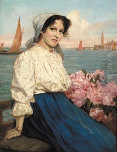 Portrait Of A Woman Sitting On A Bench, A Venetian Lagoon And St Marks Square Beyond Oil Painting by Gustav Bauer