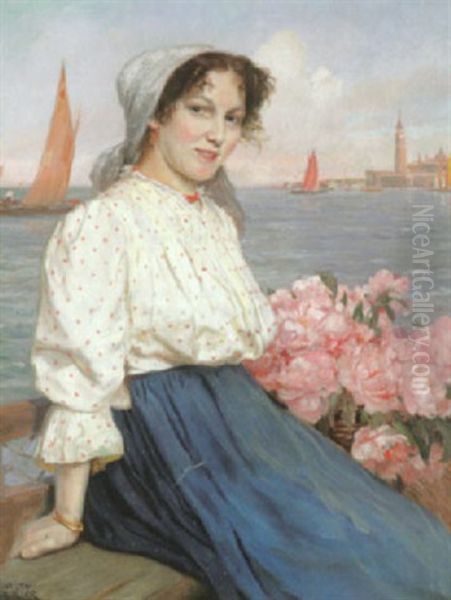 Portrait Einer Jungen Venezianerin Mit Magnolienbluten Im Korb Oil Painting by Gustav Bauer