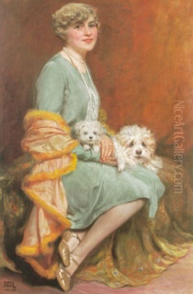 Portrait Einer Blonden Dame Mit Perlkette Und Zwei Schoshunden Oil Painting by Gustav Bauer