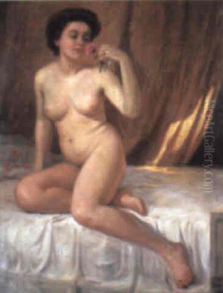 Female Nude Holding A Rose Oil Painting by Gustav Bauer