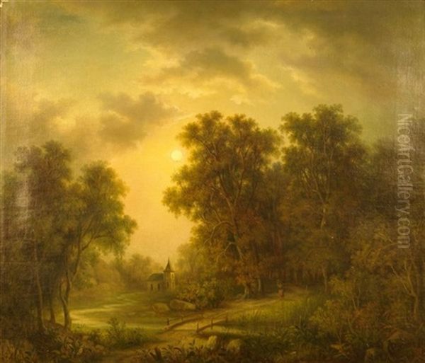 Im Mondenschein. Blick Auf Eine Waldlichtung Mit Kapelle Oil Painting by Konstantin Bauer