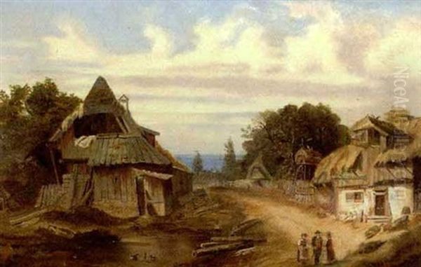 Tiroler Bauerndorf An Einem Sandigen Fahrweg, Auf Dem Sich Ein Bauer Mit Zwei Bauerinnen Unterhalt Oil Painting by Konstantin Bauer