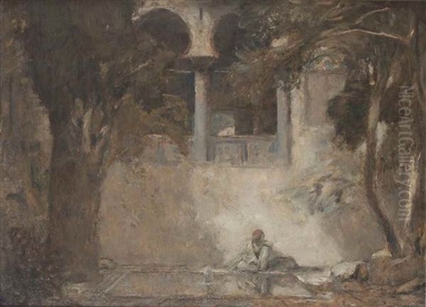 Maannacht: A Courtyard By Night Oil Painting by Marius Bauer