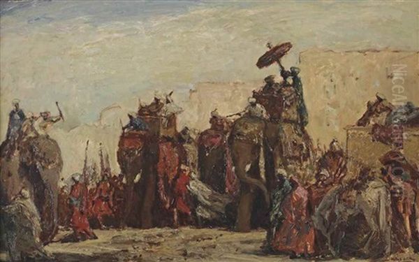 A Procession With Elephants, India Oil Painting by Marius Bauer