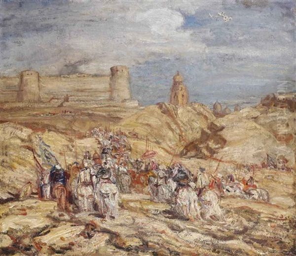 Cavaliers: Moorish Cavaliers Approaching A Castle Oil Painting by Marius Bauer