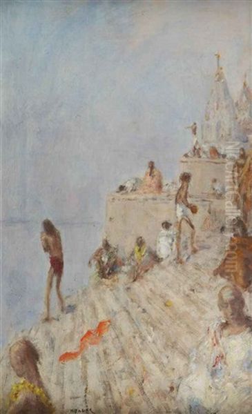 Early Morning At Benares Oil Painting by Marius Bauer