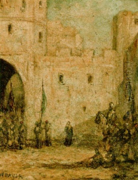 A Procession Near An Oriental Gate Oil Painting by Marius Bauer