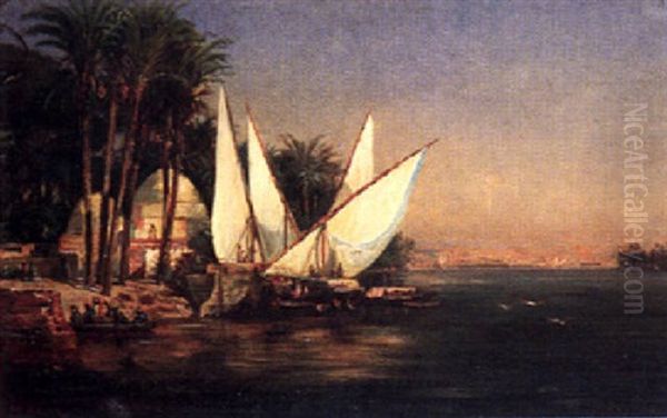 Orientalische Kustenlandschaft Mit Ankernden Segelschiffen Oil Painting by Marius Bauer