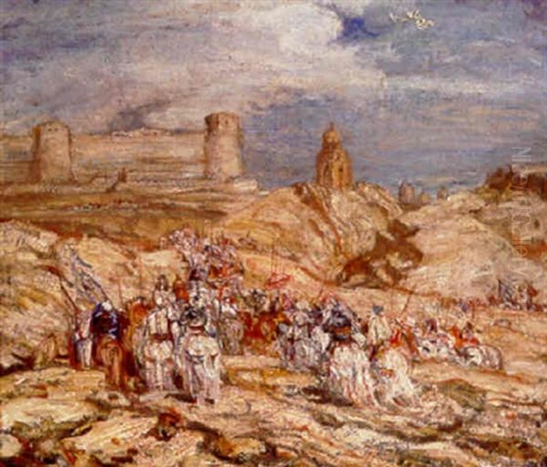 Optoct: Moorish Cavaliers Approaching A Fortified Castle Oil Painting by Marius Bauer