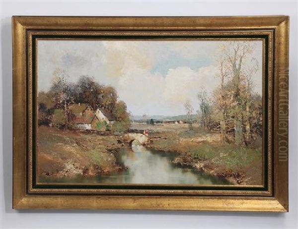 A Rural Landscape With Cottages Near A River Oil Painting by Max Bauer