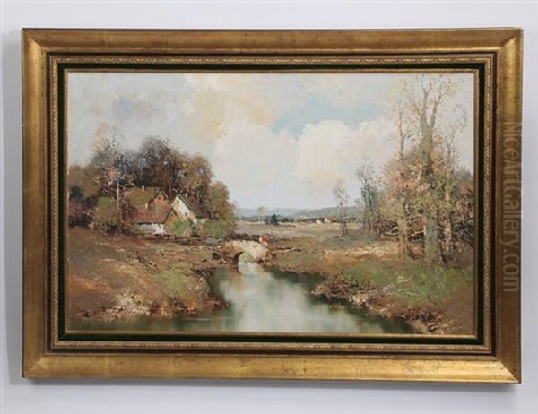 Rural Landscape With Cottages Near A River Oil Painting by Max Bauer