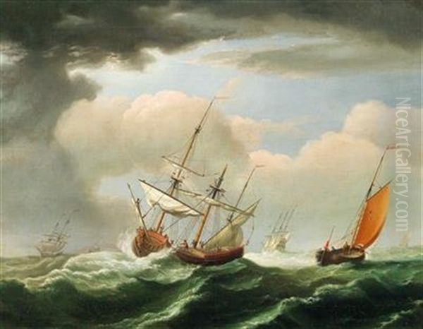 Sailing Boats On Rough Seas Oil Painting by Nicolaas Bauer