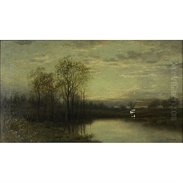 Sun Setting Over A Pastoral Landscape With Stream Oil Painting by William C. Bauer