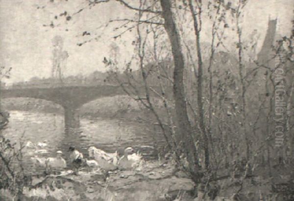 Enten An Der Isar Oil Painting by Josef Bauer