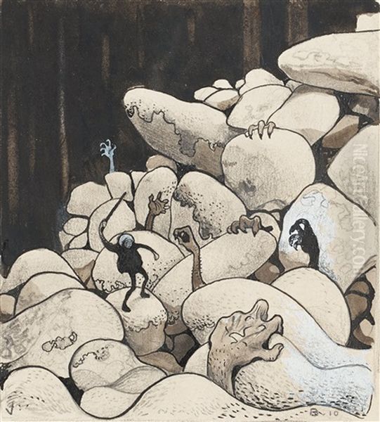 Trolls Amongst The Stones Oil Painting by John Bauer