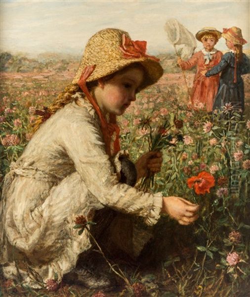 Children Gathering Flowers Oil Painting by Carl Wilhelm Friedrich Bauerle