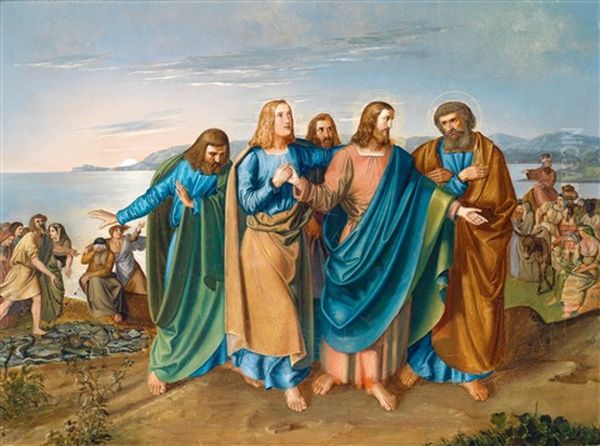 Jesus And His Disciples By Lake Galilee Oil Painting by Carl Wilhelm Friedrich Bauerle