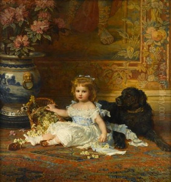 Portrait Of Young Girl With A Basket Of Flowers And Her Dog Oil Painting by Carl Wilhelm Friedrich Bauerle