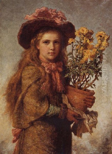 Young Girl With Flower Pot Oil Painting by Carl Wilhelm Friedrich Bauerle