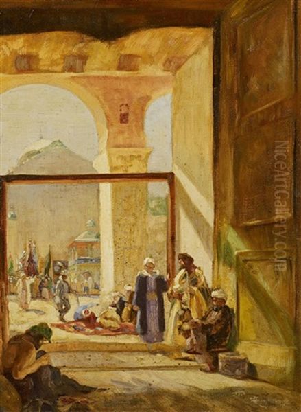 Der Vorhof Der Omaijaden Moschee In Damaskus (preliminary Study) Oil Painting by Gustav Bauernfeind