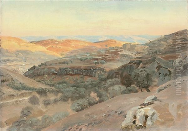 View Towards The Mountains Of Moab From Jerusalem Oil Painting by Gustav Bauernfeind