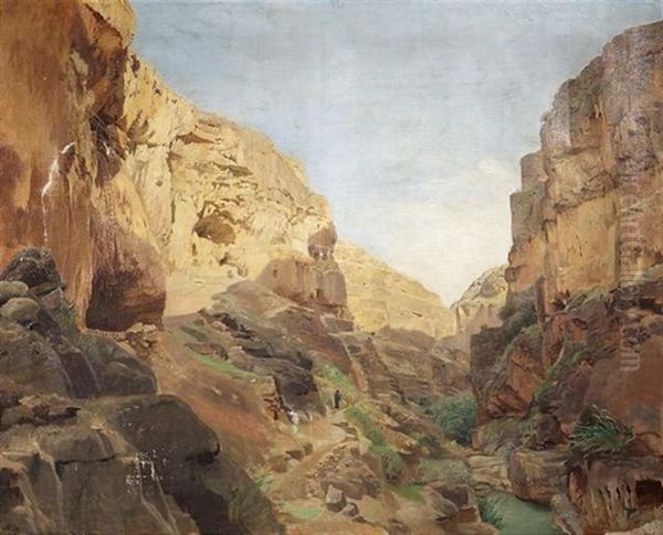 Blick In Das Flusstal Wadi Kelt (wadi Qilt), Das Durch Die Judaischen Berge Nach Jericho Hineinfuhrt Oil Painting by Gustav Bauernfeind