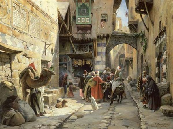 A Street Scene, Damascus Oil Painting by Gustav Bauernfeind