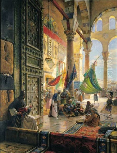 Forecourt Of The Ummayad Mosque, Damascus Oil Painting by Gustav Bauernfeind