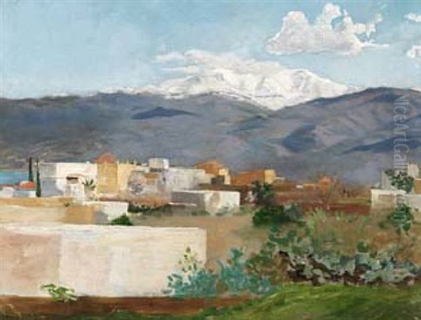 A Village In Front Of Antilibanon And Hermon Oil Painting by Gustav Bauernfeind