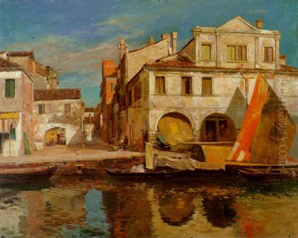 Kanalszene In Chioggia Mit Bragozzo Oil Painting by Gustav Bauernfeind