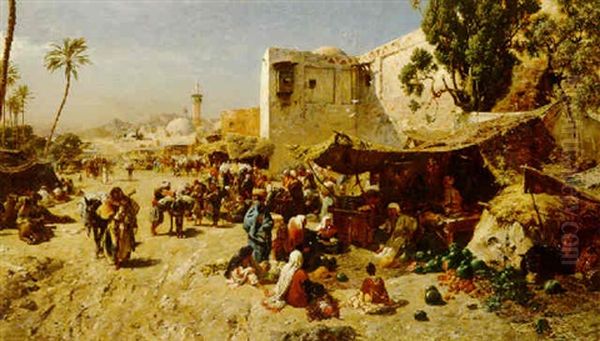 Market Day In Old Jaffa Oil Painting by Gustav Bauernfeind