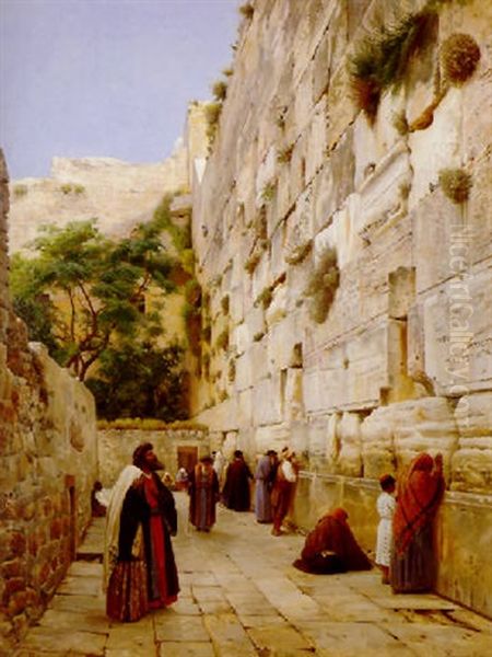 Praying At The Western Wall, Jerusalem Oil Painting by Gustav Bauernfeind