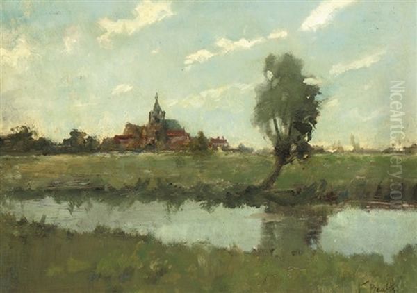 An Extensive Polderlandscape Oil Painting by Victor Bauffe