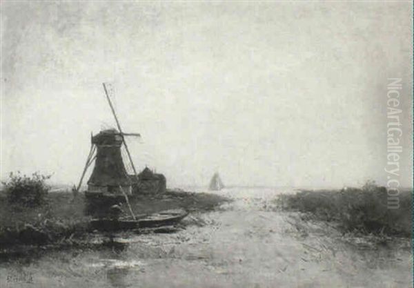 River Estuary With A Figure In A Punt By A Windmill Oil Painting by Victor Bauffe