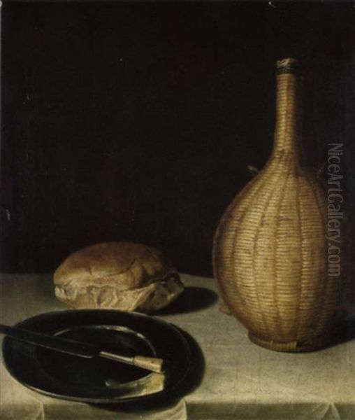 Stilleben Mit Messer, Zinnteller, Kleinem Brot Und Korbflasche Oil Painting by Lubin Baugin