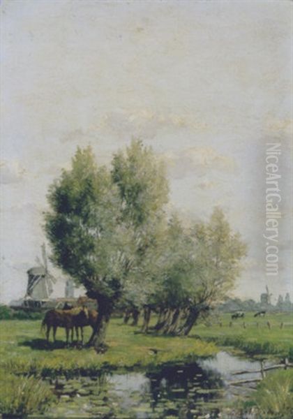 Polderlandschap Met Paarden Onder Een Boom Oil Painting by Sieger Baukema