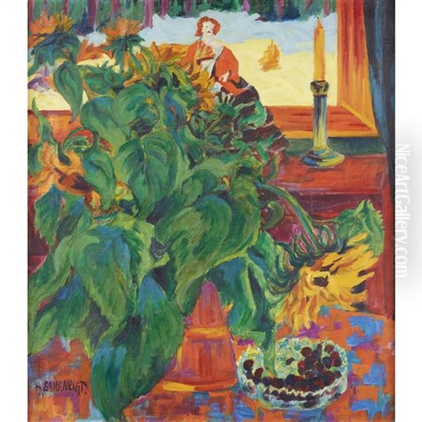 Sunflowers On A Table In Front Of The Window Oil Painting by Philipp Bauknecht