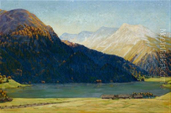 Davoser-see Mit Seehorn Und Blick Richtung Schwarzhorn Oil Painting by Philipp Bauknecht