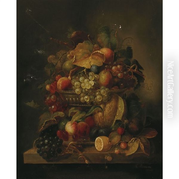 Still Life Of Fruit In A Bowl On A Table Top Oil Painting by Carl Baum