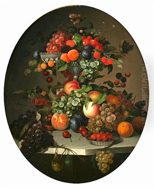 Still Life Of Fruit In An Ewer On A Marble Table Oil Painting by Carl Baum