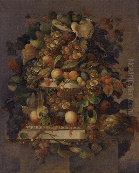 Still Life With Fruit, Champagne Flute And Bird's Nest On A Marble Ledge Oil Painting by Carl Baum