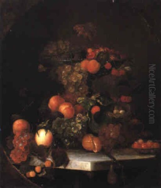 Still Life With Grapes, Peaches And Bird's Nest Oil Painting by Carl Baum