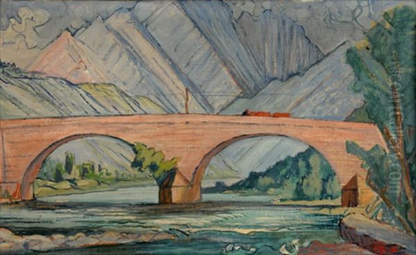 Voralpine Flusslandschaft Mit Brucke Oil Painting by Fritz Baumann