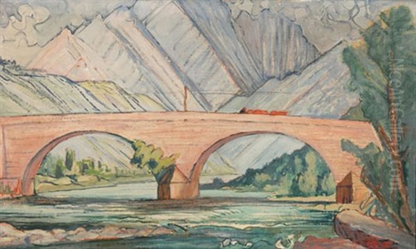 Voralpine Flusslandschaft Mit Brucke Oil Painting by Fritz Baumann