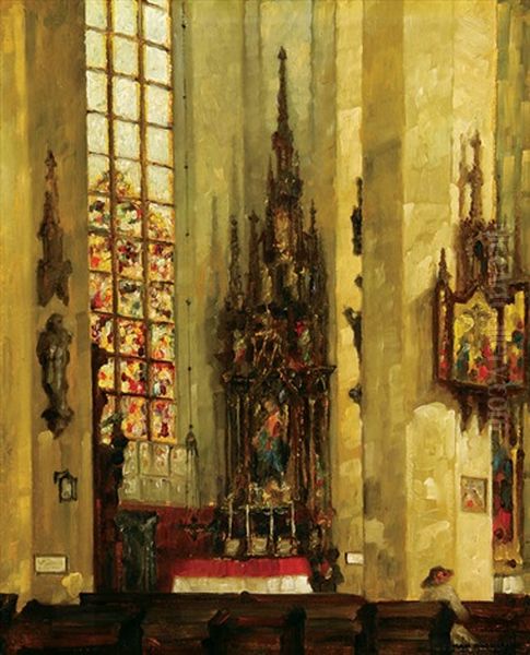 Interior Of A Cathedral With A Marian Altar And Stained Glass Window Oil Painting by Max Baumann