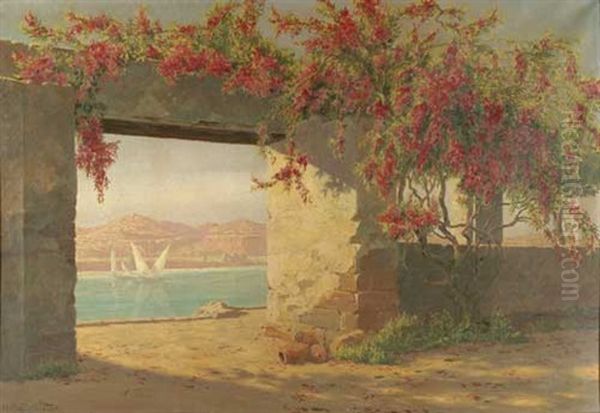 Durchblick Mit Rotregen Auf Eine Italienische (?) Bucht Mit Segelschiffen Oil Painting by Hermann Baumeister