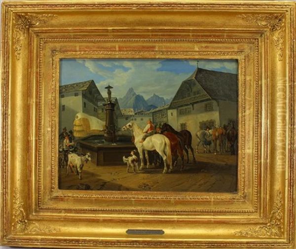 Horses Near A Fountain Oil Painting by Johann Wilhelm Baumeister