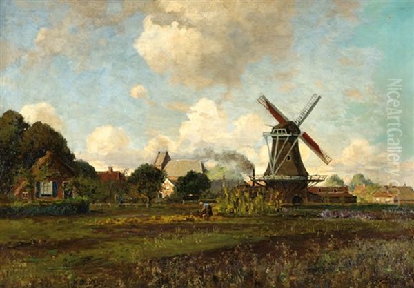 View Of A Landscape With A Mill In Barchem Oil Painting by Johan Ernst Baeumer